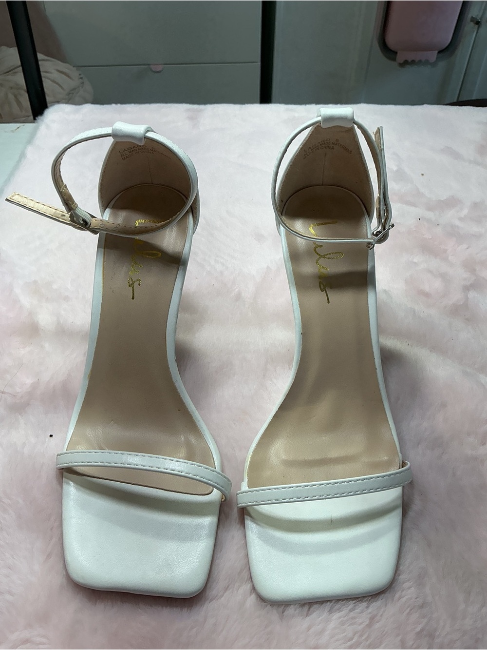Lulu's White Ankle-Strap Square-Toe Heels b113